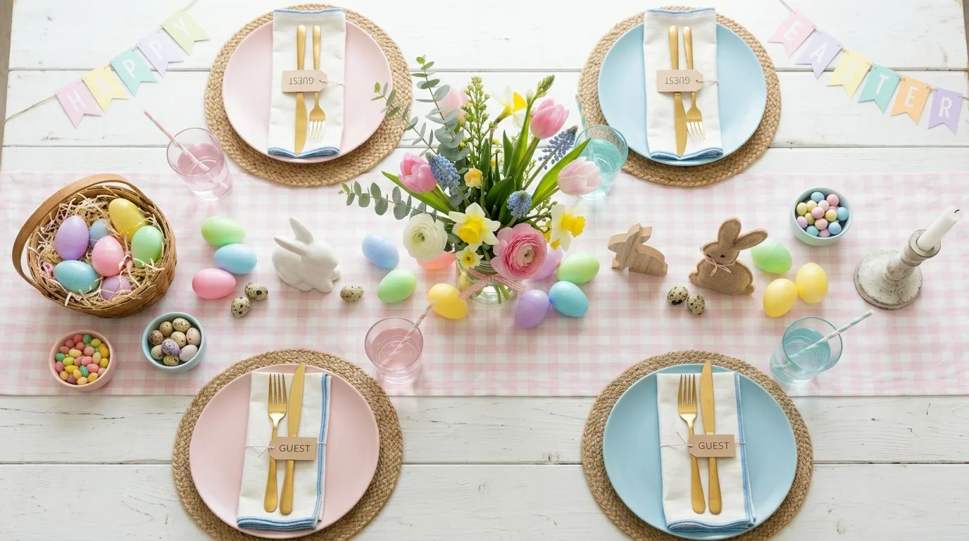 Pastel Easter table setup with budget-friendly decorations