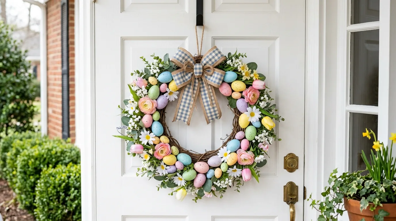 Budget DIY Easter wreath on a white door