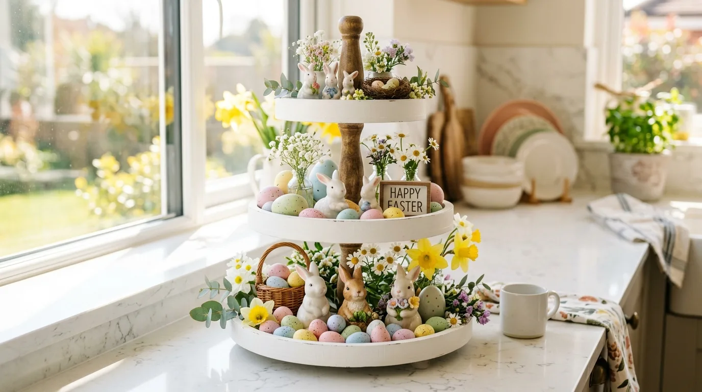 Tiered tray decorated with Easter bunnies and eggs
