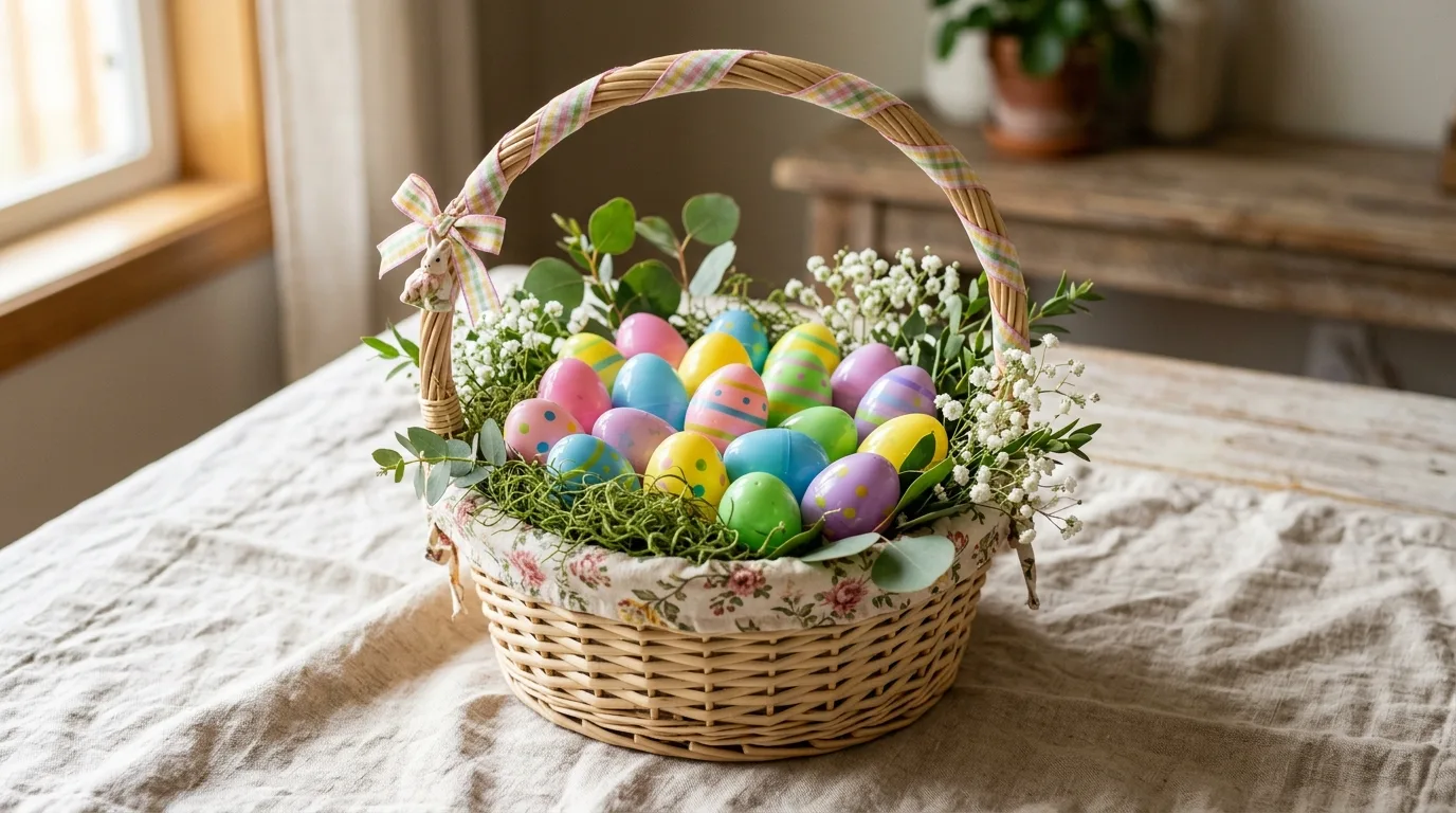 Easter basket filled with colorful eggs and greenery