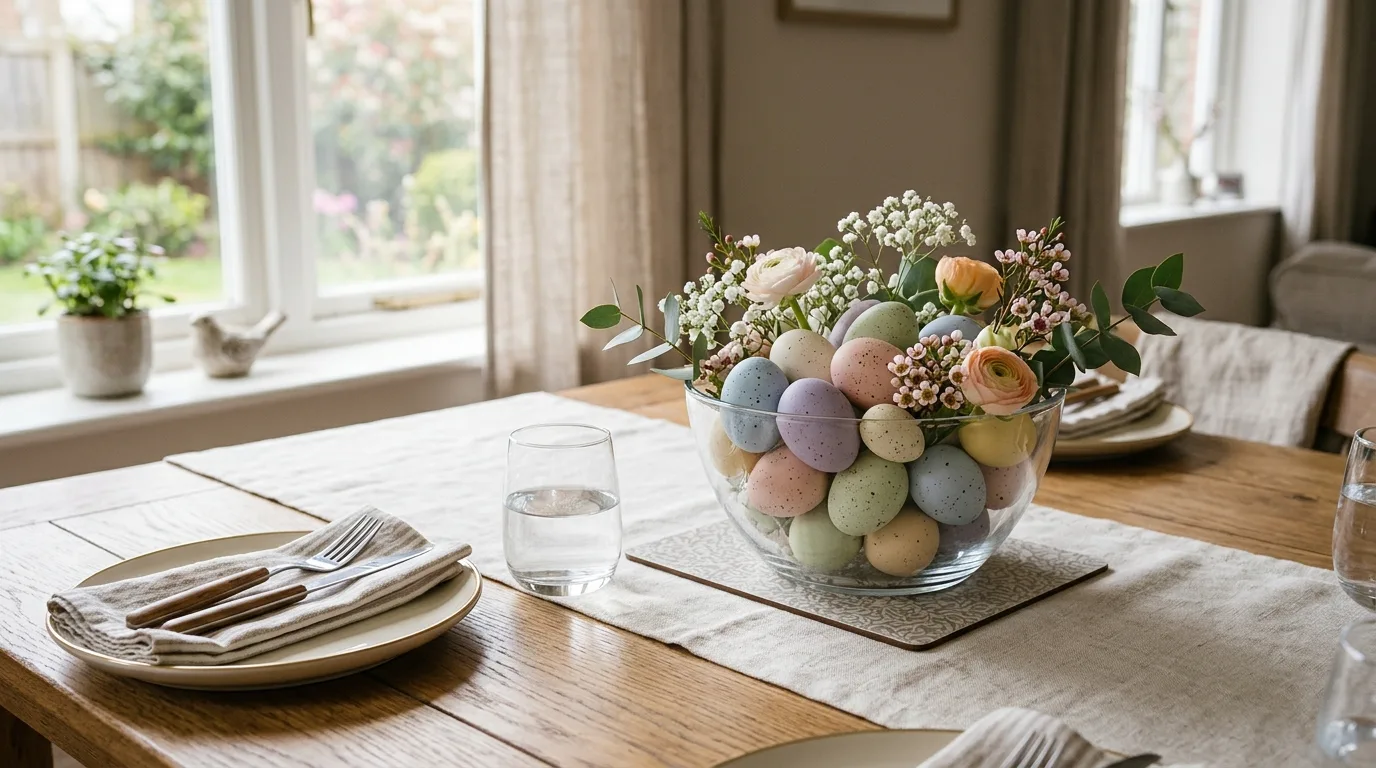 Glass bowl Easter centerpiece with pastel eggs and flowers