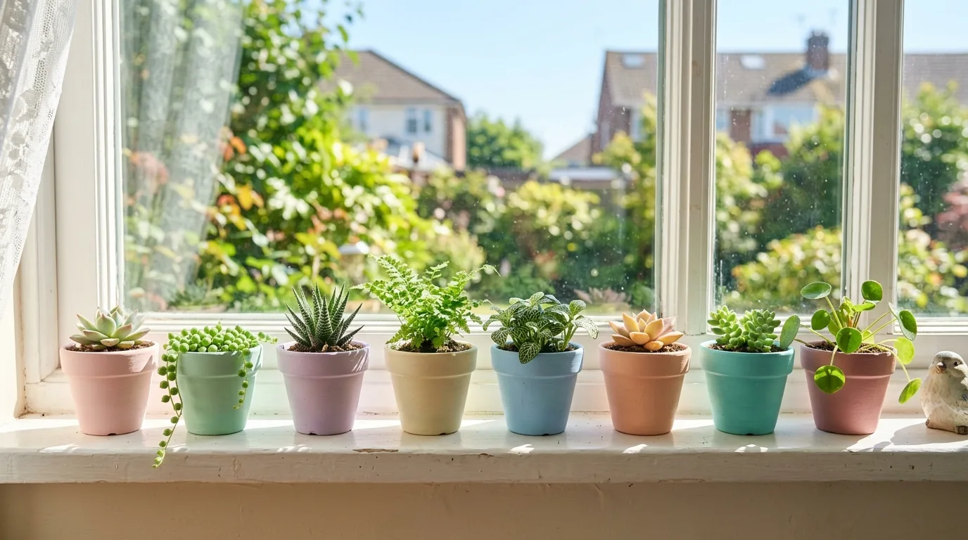 Pastel clay pots with mini spring plants