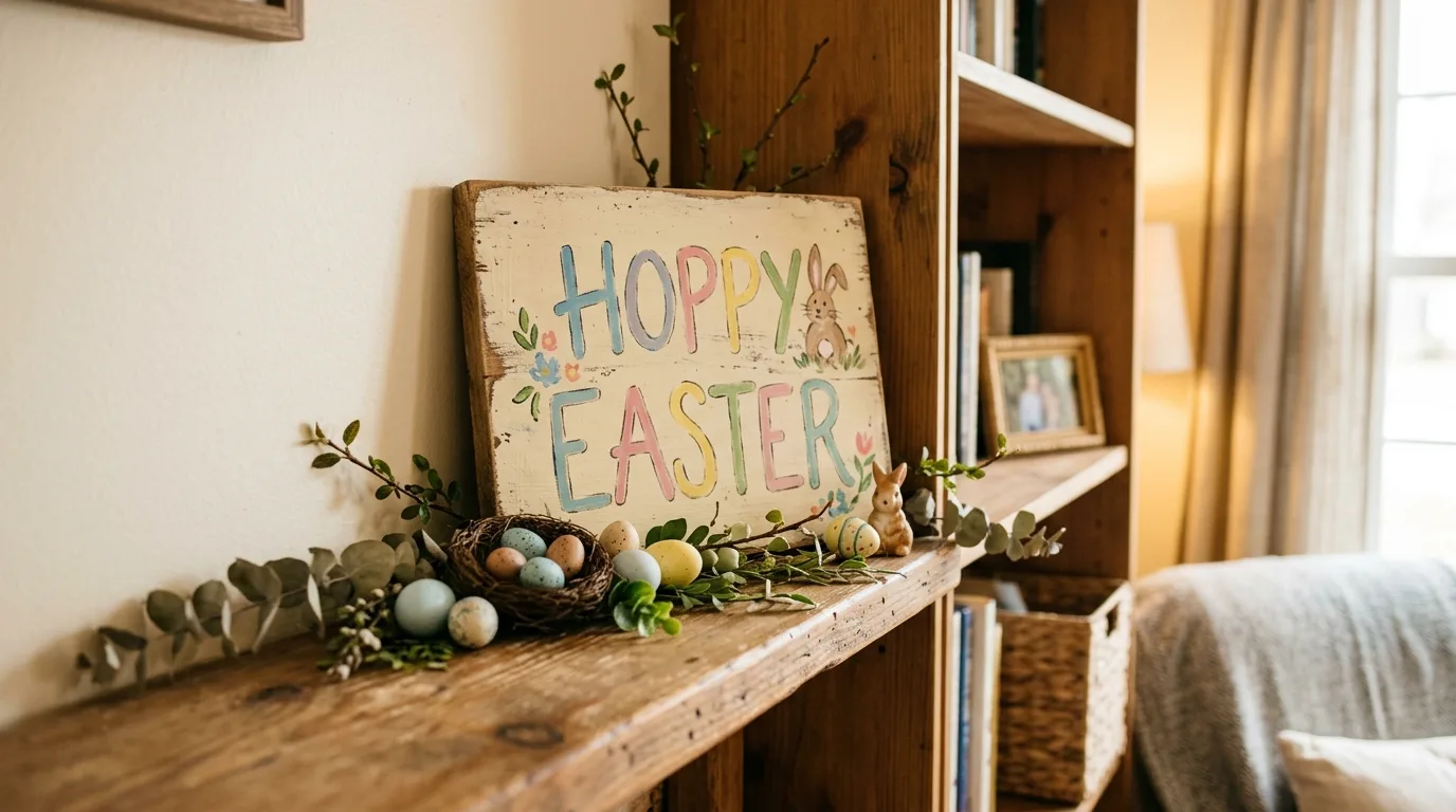 DIY Easter sign on a shelf with spring accents
