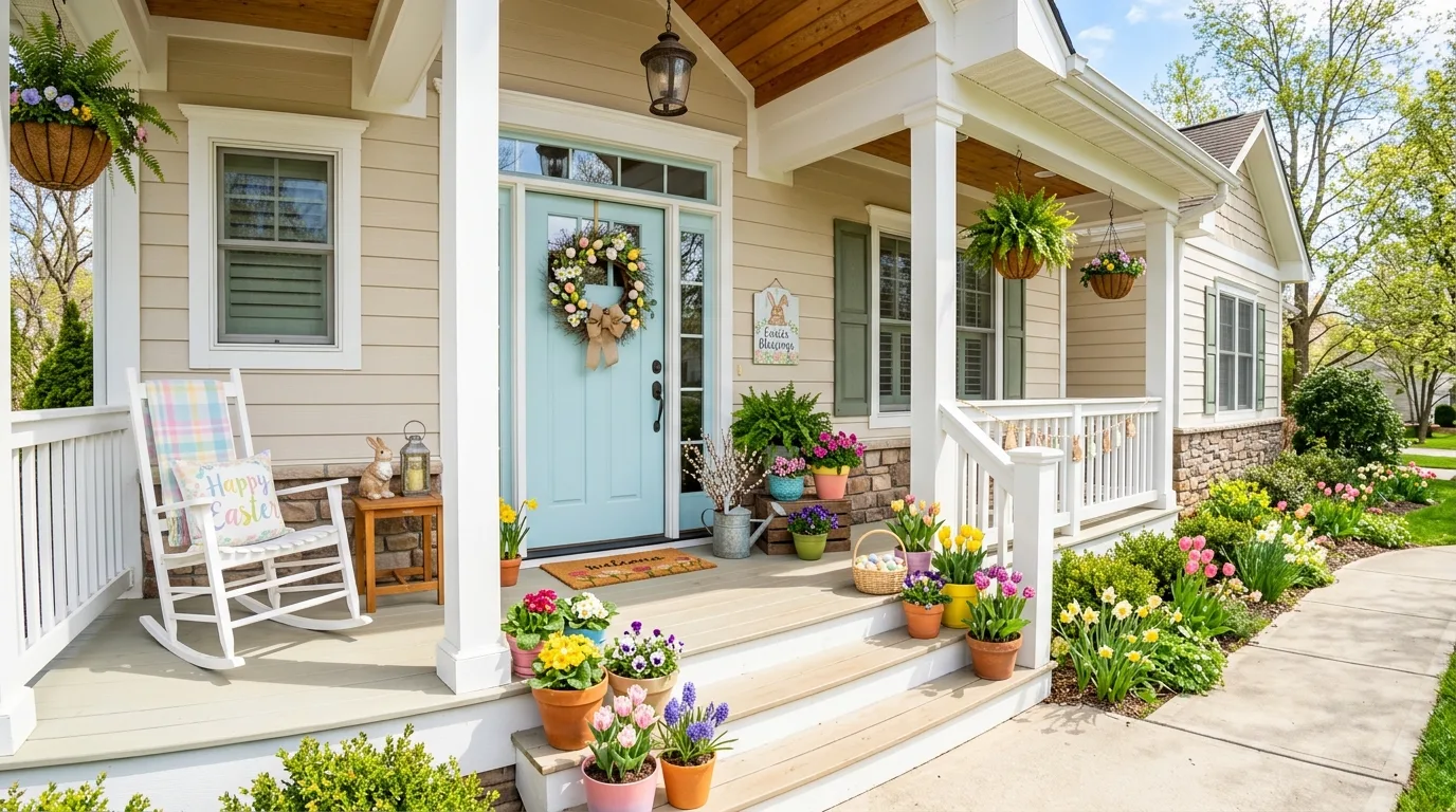 Budget-friendly Easter porch decor with pastel accents