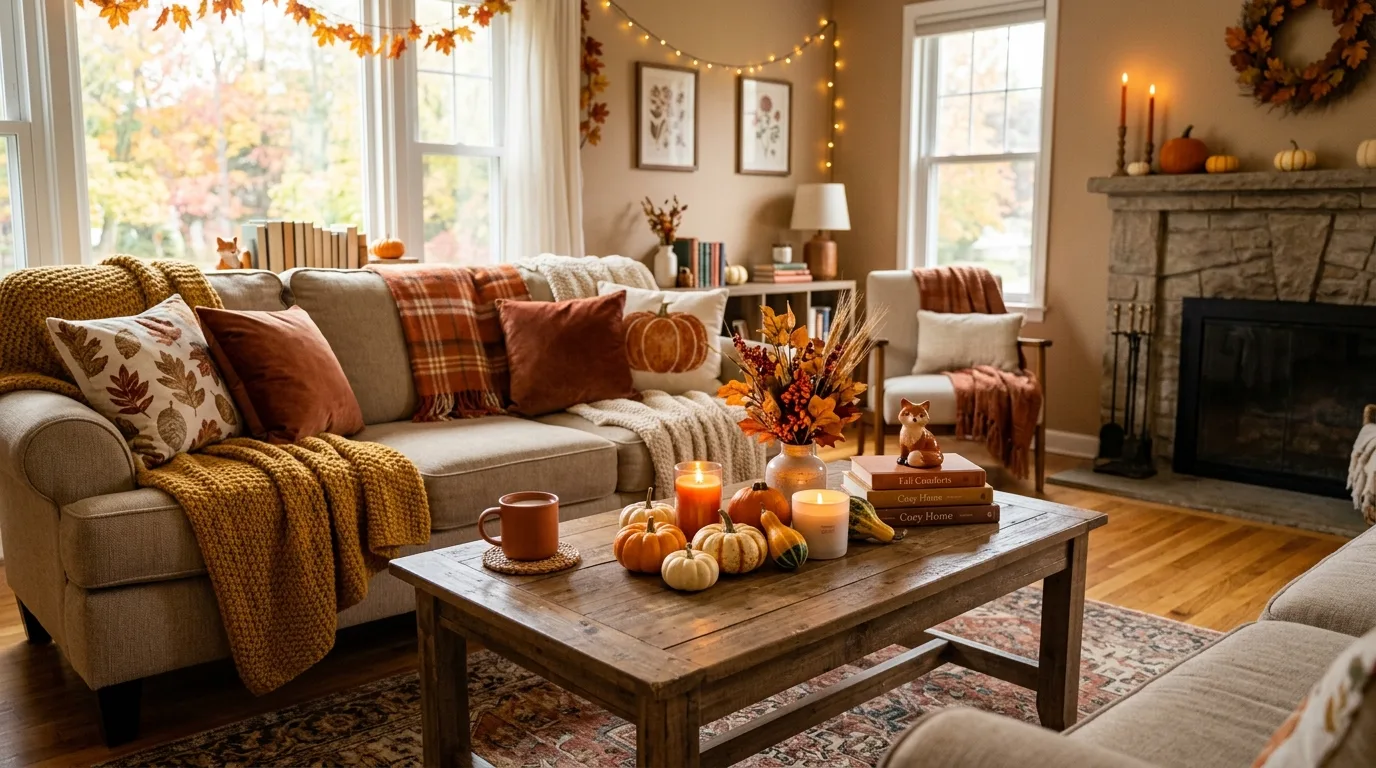 Cozy living room styled with Dollar Tree fall decor