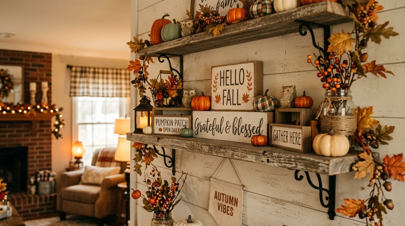 Farmhouse shelf styled with Dollar Tree fall decor