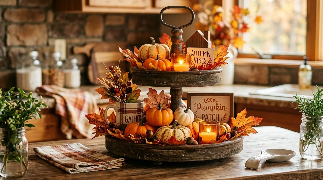 Dollar Tree fall decor on a tiered tray