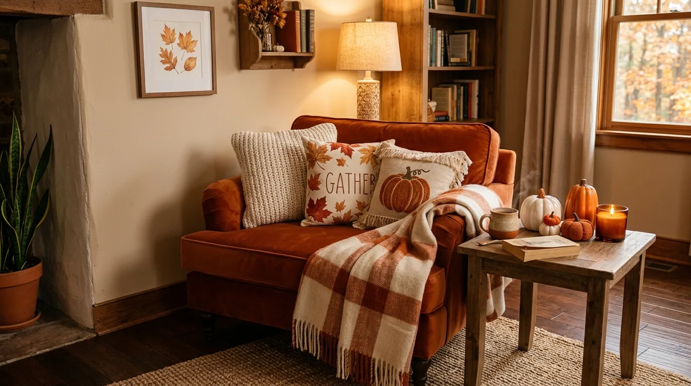 Cozy fall chair corner with pillows and pumpkins