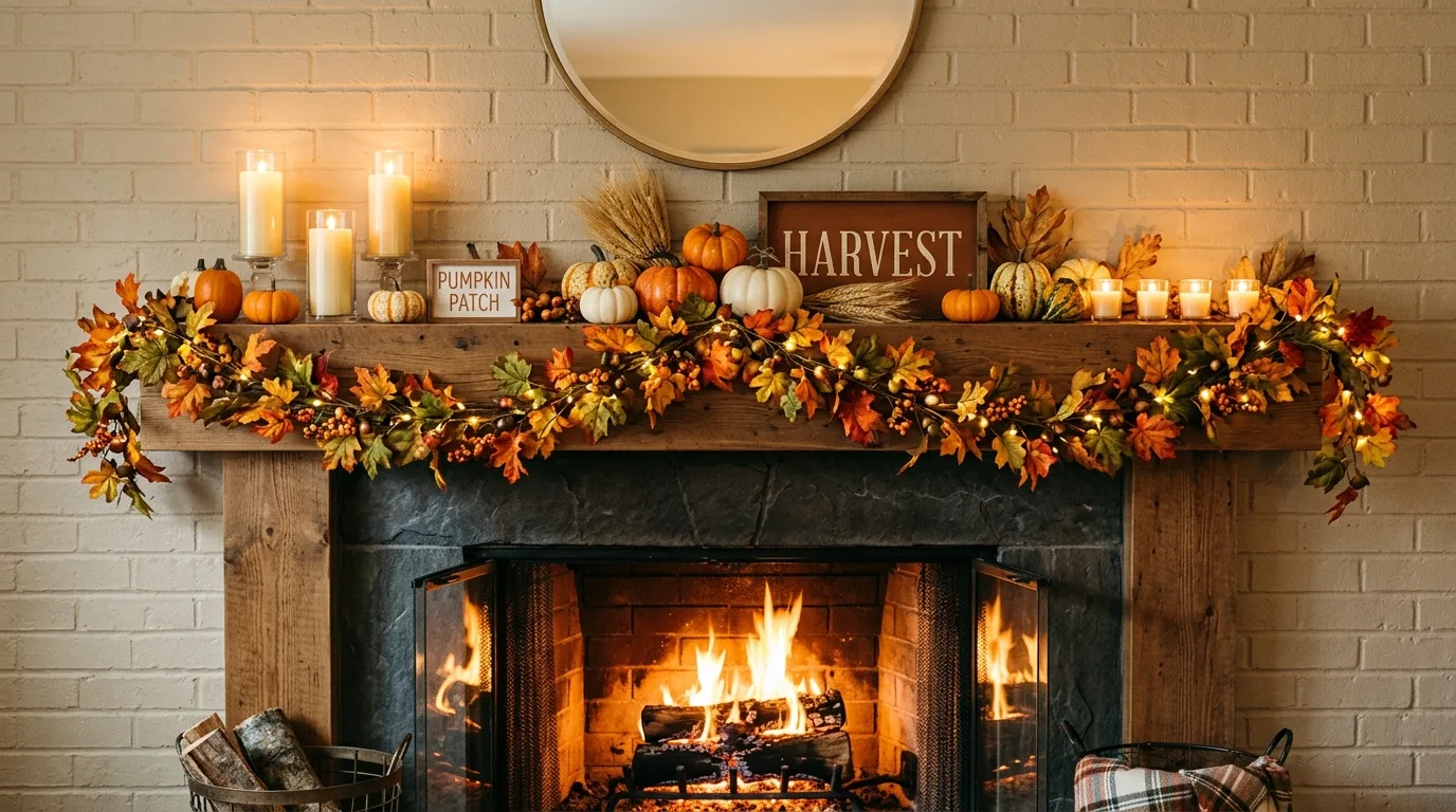 Fireplace mantel decorated with Dollar Tree fall decor