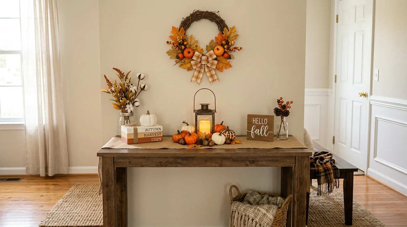 Entryway table with simple Dollar Tree fall decor