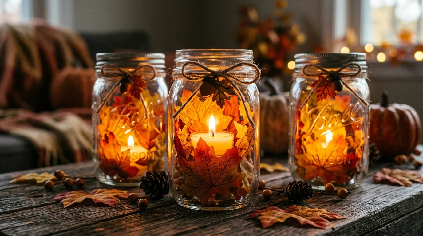Mason jar candle holders with fall leaves