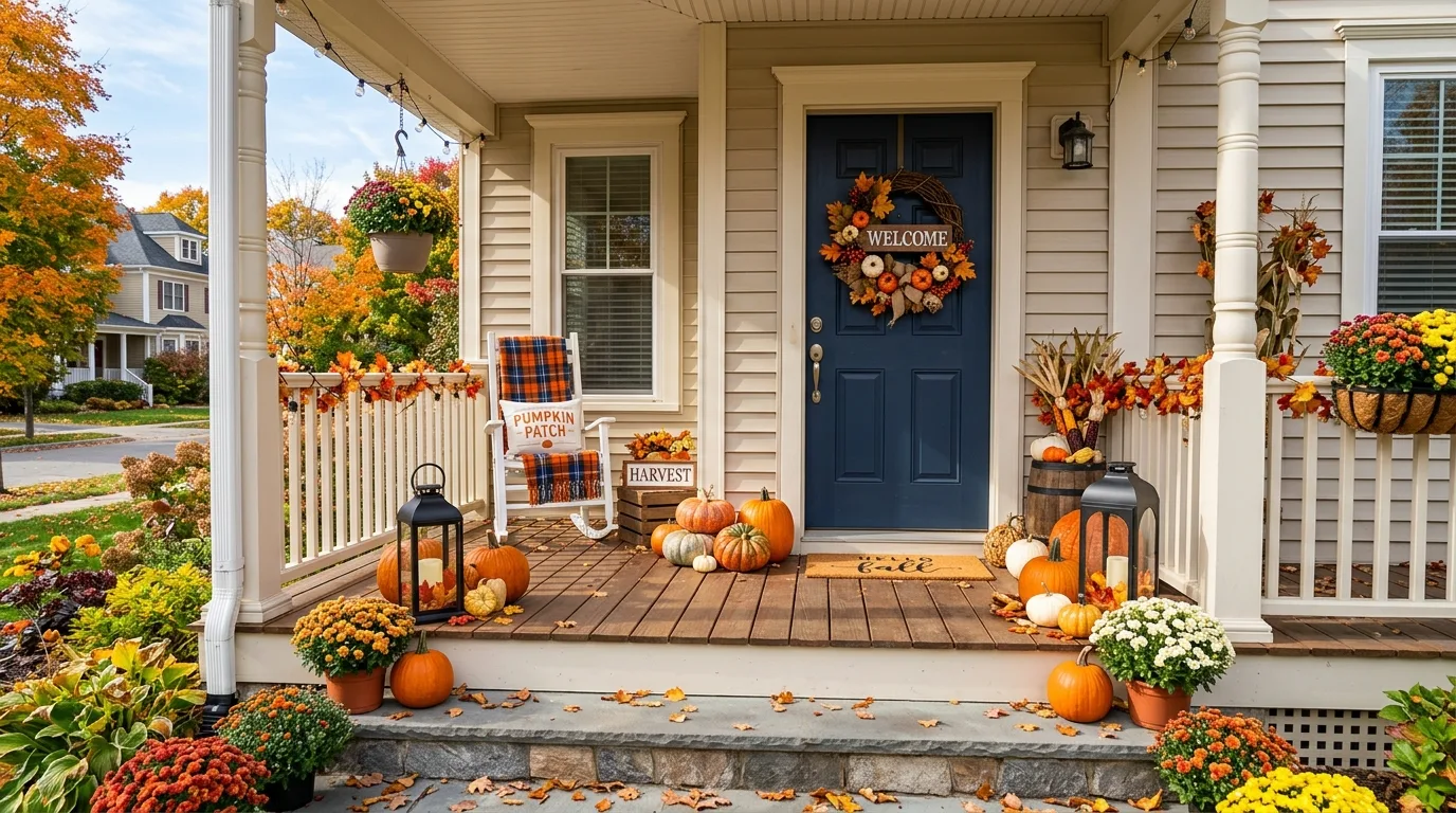 Front porch with budget-friendly fall decor