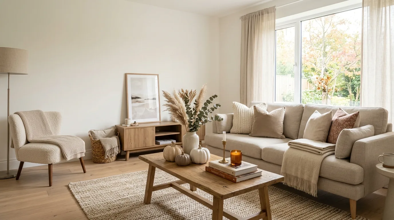 Neutral living room with subtle fall decor