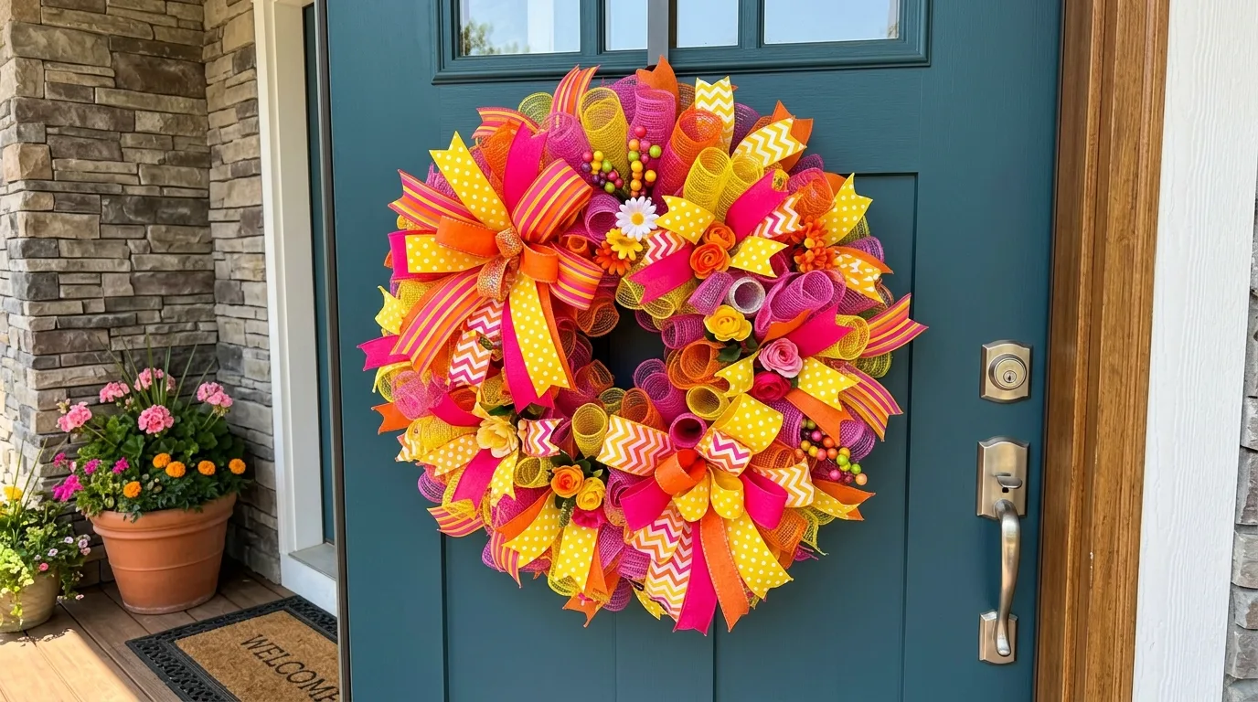 Bright mesh ribbon wreath made from budget supplies