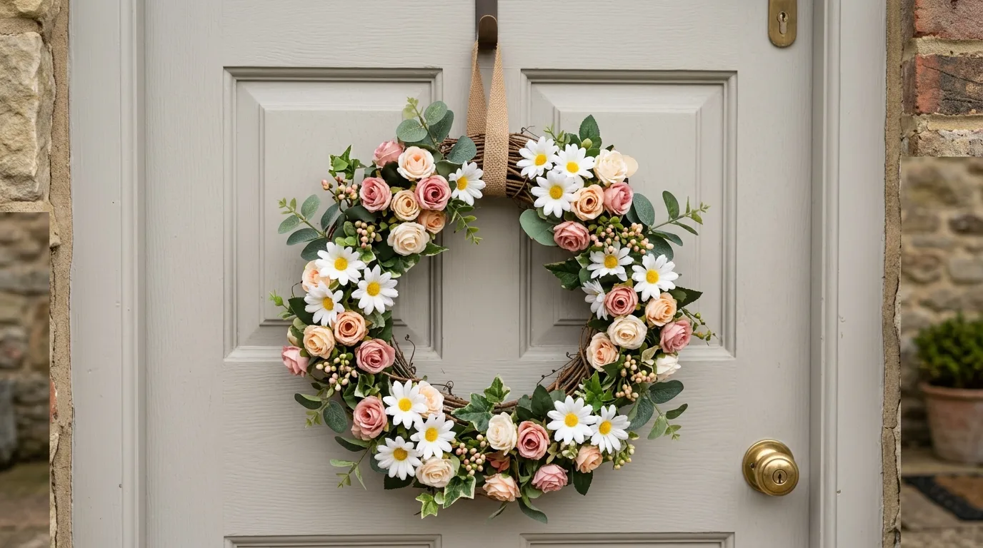 Budget floral summer wreath with roses and daisies