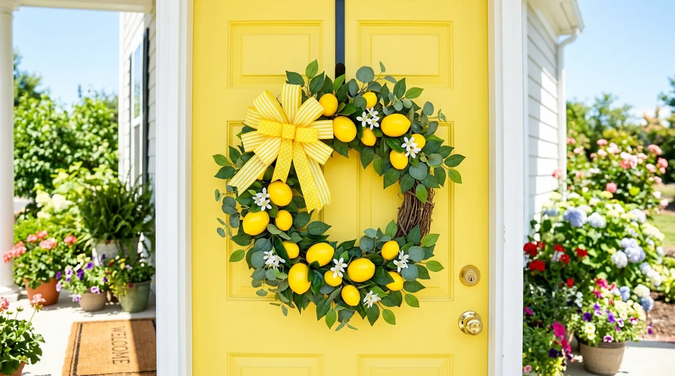 Lemon-themed summer wreath made from budget supplies