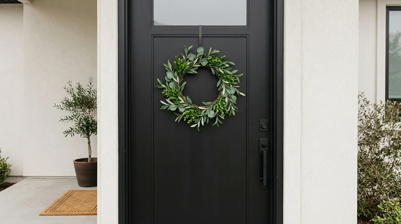 Minimal greenery summer wreath on a black door