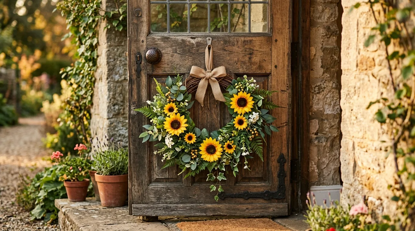 Sunflower summer wreath on a rustic door