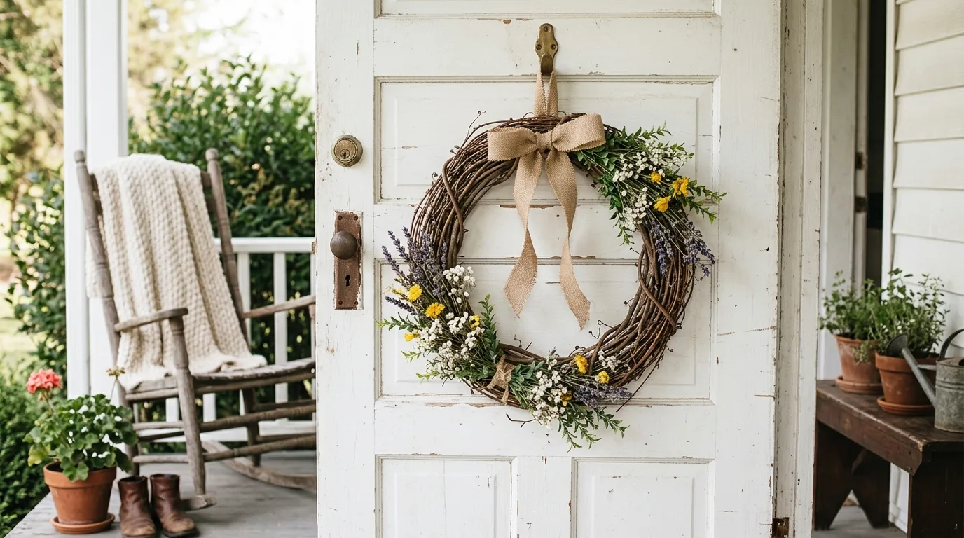 DIY grapevine-style summer wreath on a farmhouse door