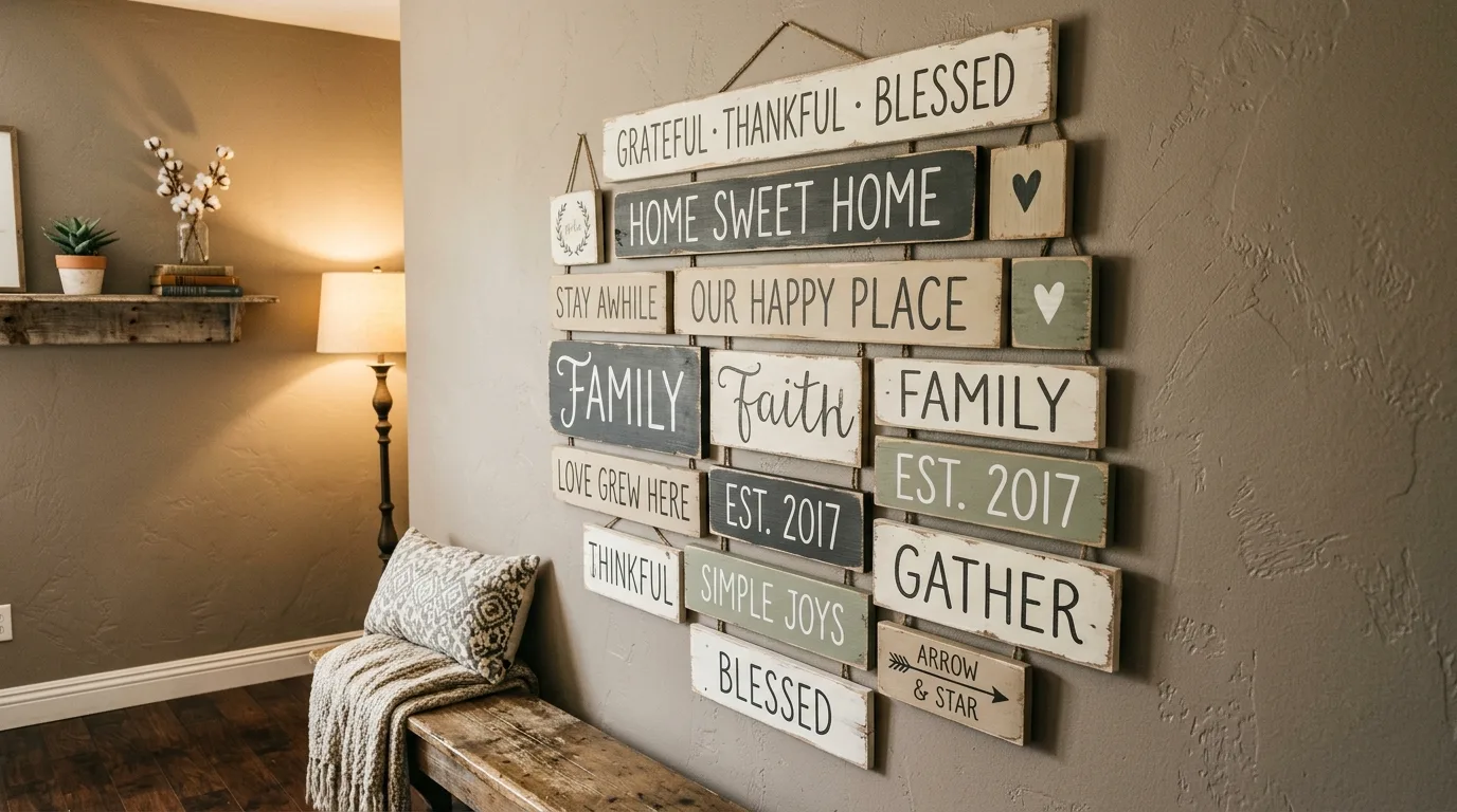 Rustic wall art made from painted wooden signs