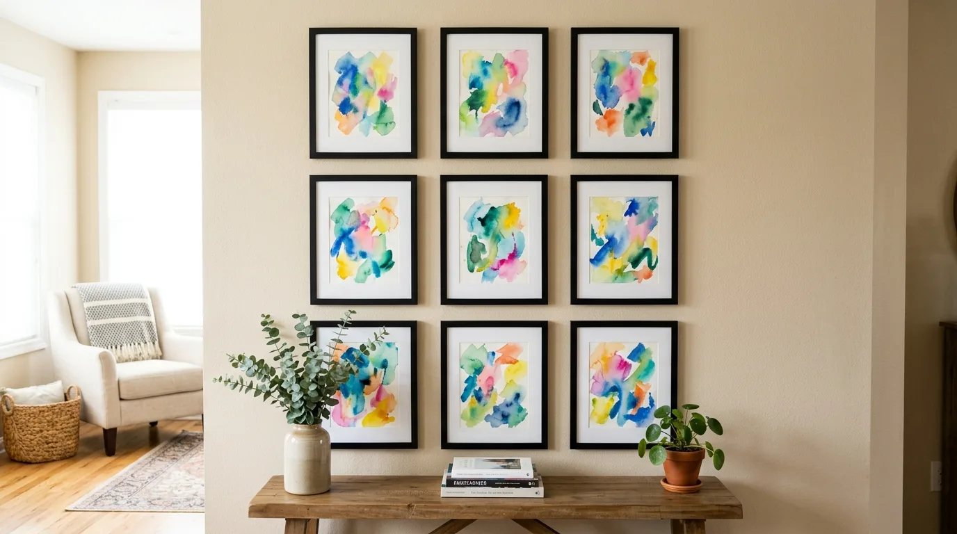 Dollar Tree frames with abstract watercolor wall art