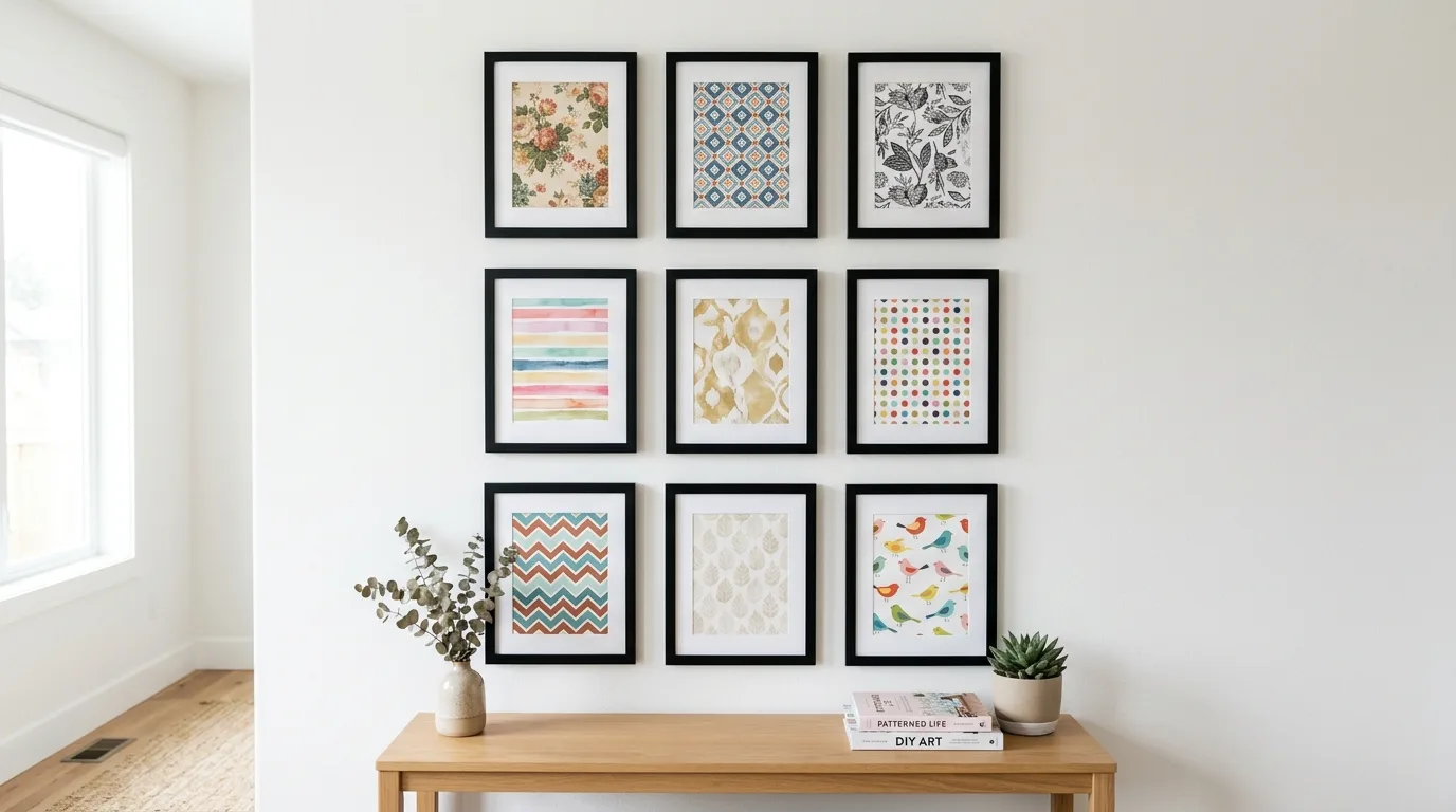 Budget wall art grid made from framed scrapbook paper