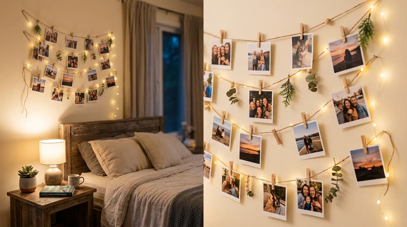 DIY wall hanging with twine and clipped photos