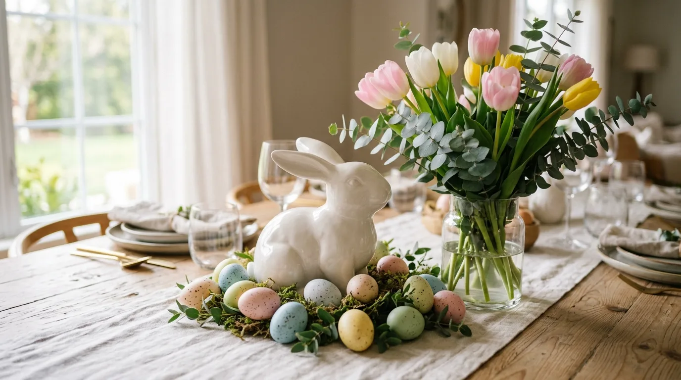 Elegant Easter centerpiece with ceramic bunny, pastel eggs, and tulips