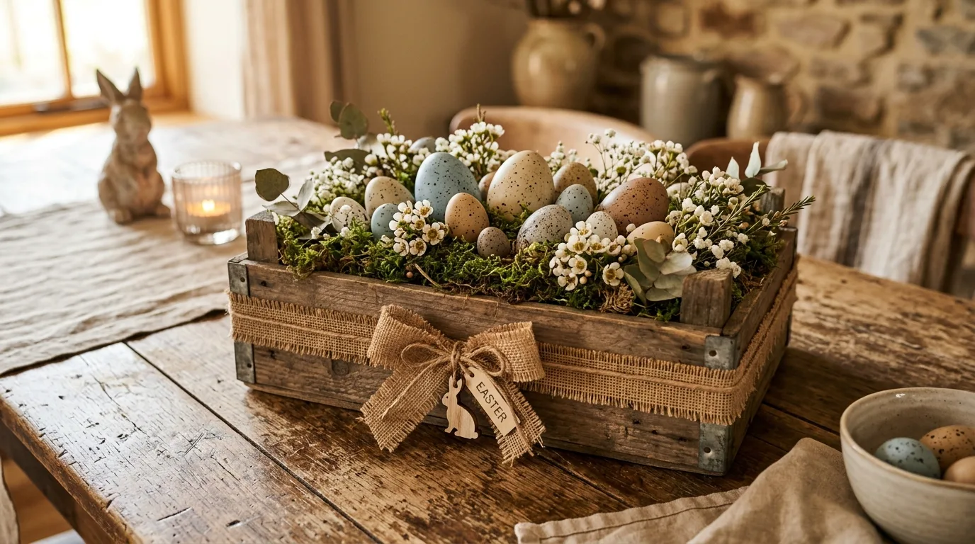 Rustic farmhouse Easter centerpiece with wooden crate, moss, speckled eggs, and white flowers
