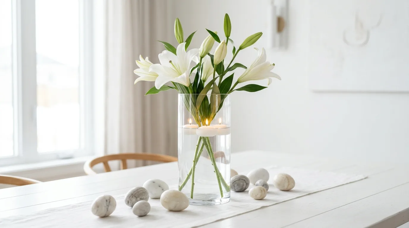 Minimalist Easter centerpiece with tall glass vase, white lilies, floating candles, and marble eggs