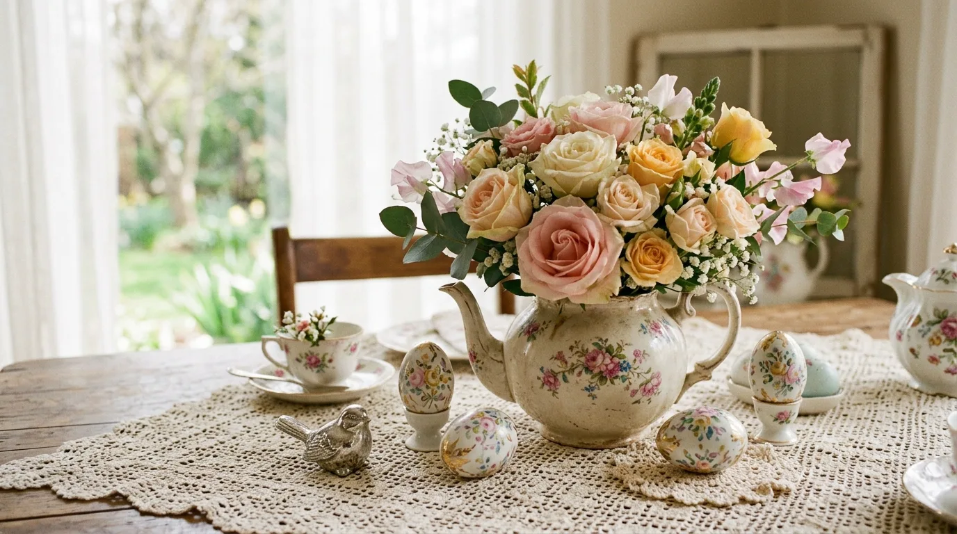 Vintage inspired Easter centerpiece with antique teapot, pastel roses, and porcelain eggs