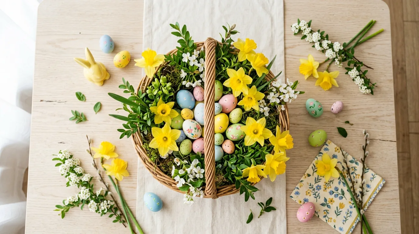 Bright spring Easter centerpiece with woven basket, daffodils, colorful eggs, and greenery