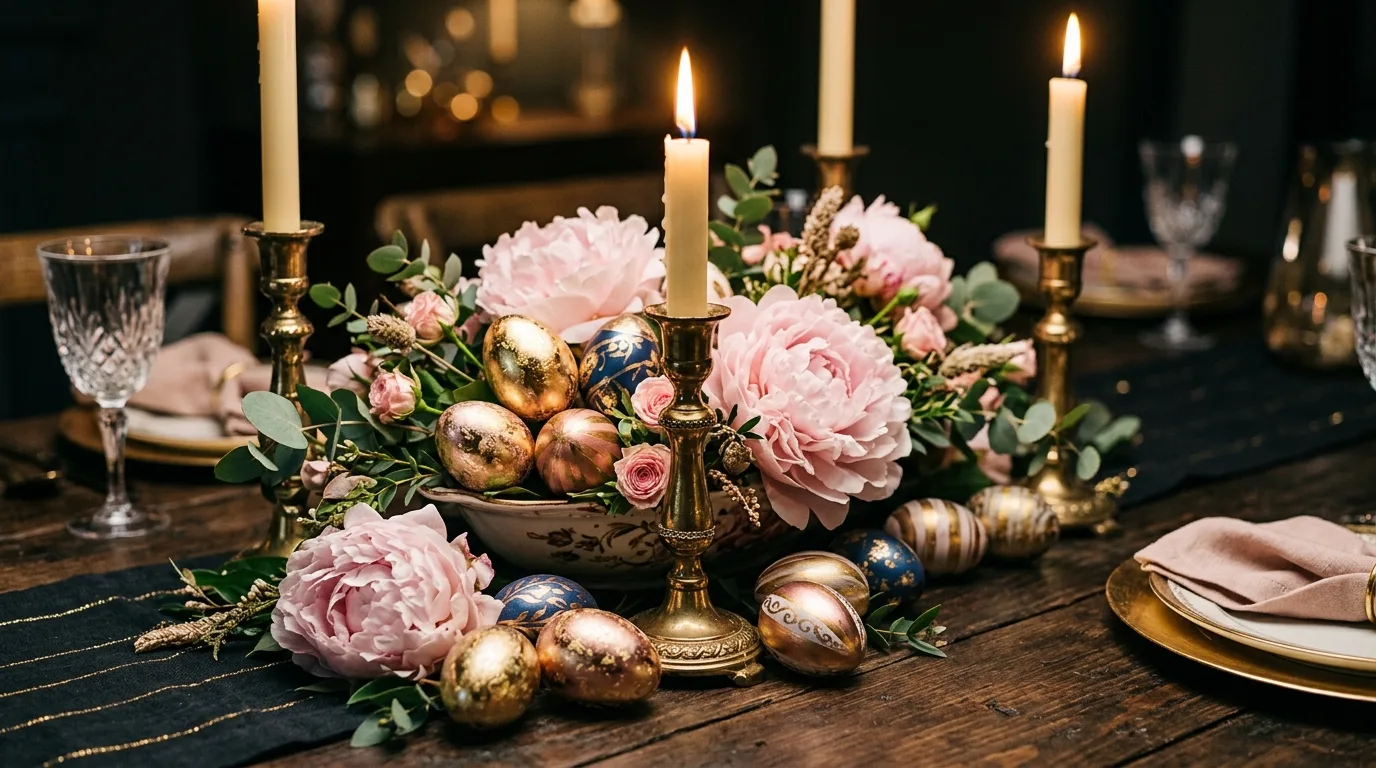 Luxury Easter centerpiece with gold candle holders, blush peonies, and metallic painted eggs