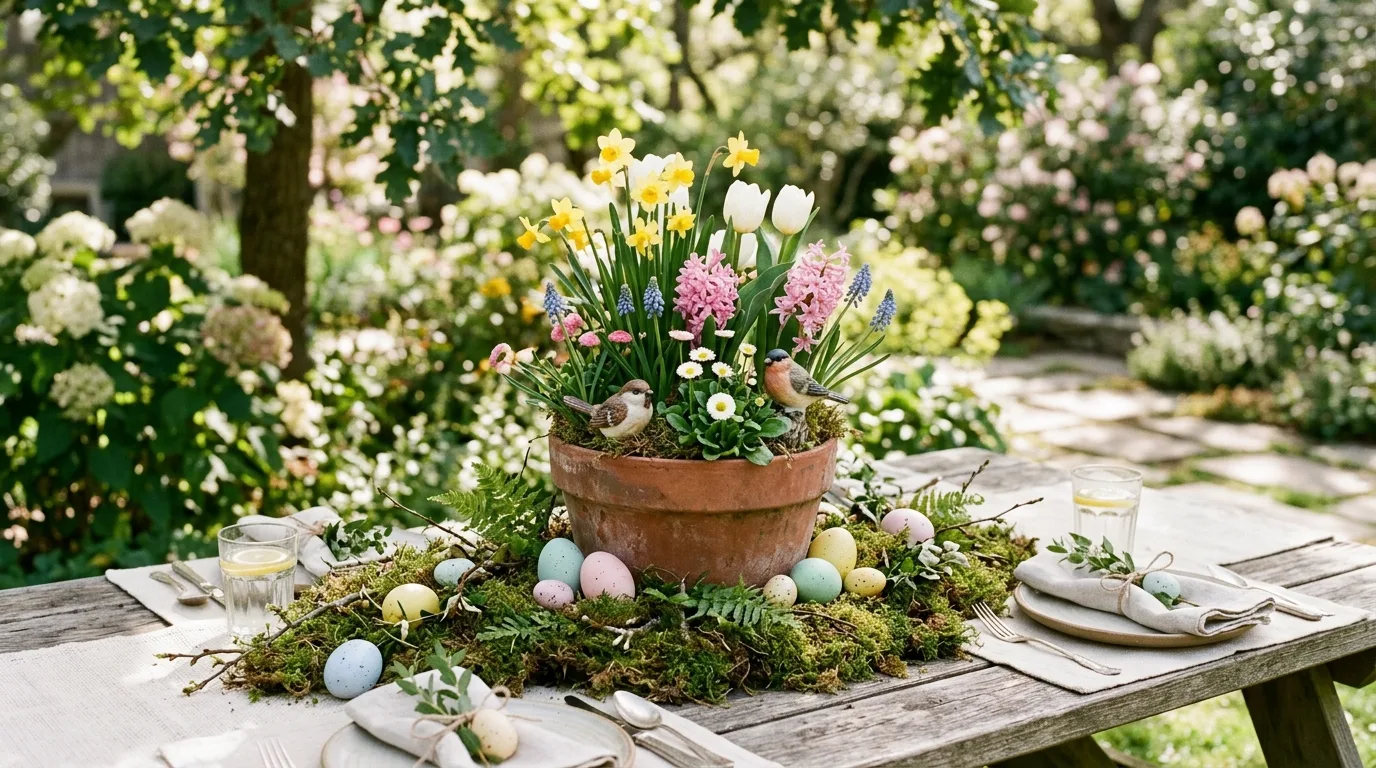 Garden inspired Easter centerpiece with terracotta pot, blooming flowers, bird figurines, and pastel eggs