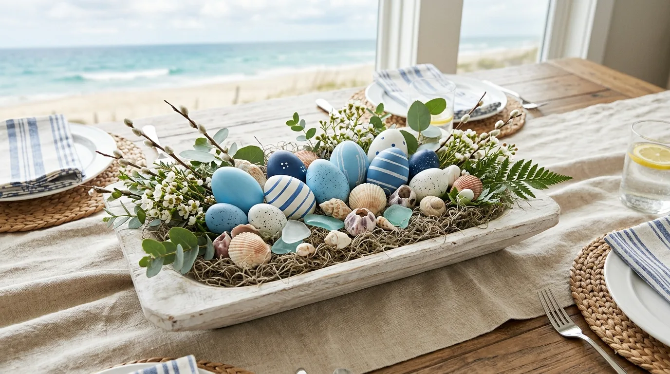 Coastal Easter centerpiece with driftwood tray, blue and white eggs, seashells, and greenery