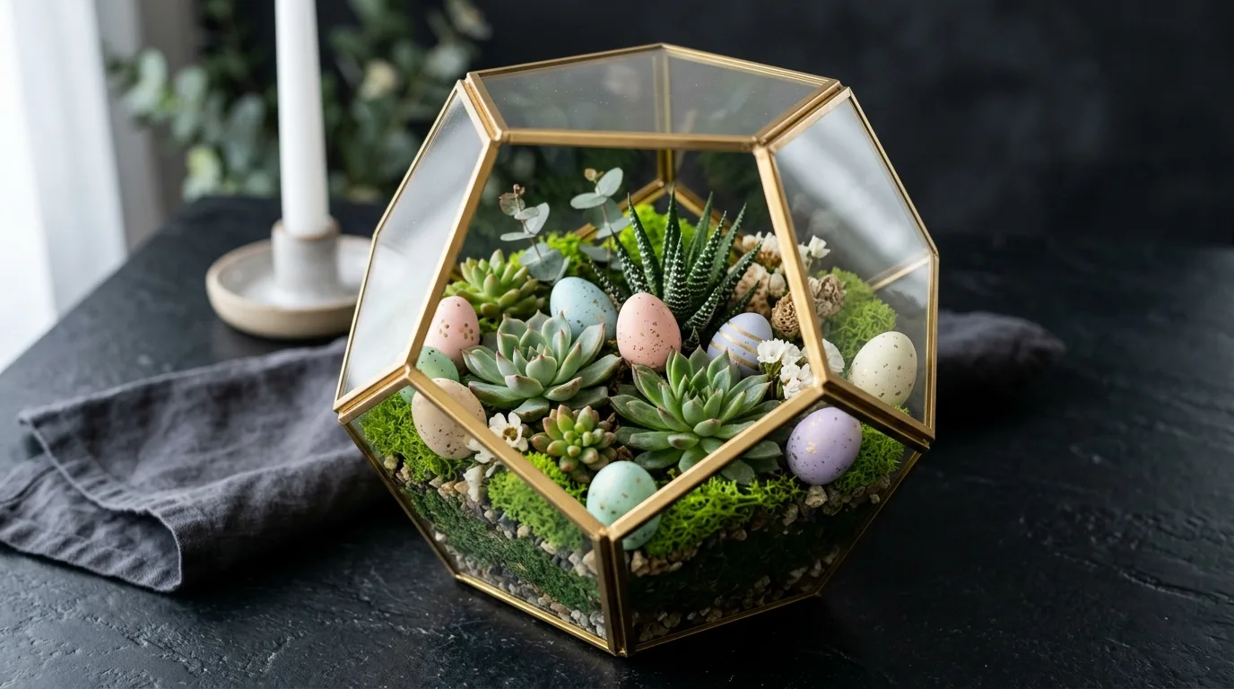 Modern geometric Easter centerpiece with gold terrarium, succulents, moss, and pastel eggs