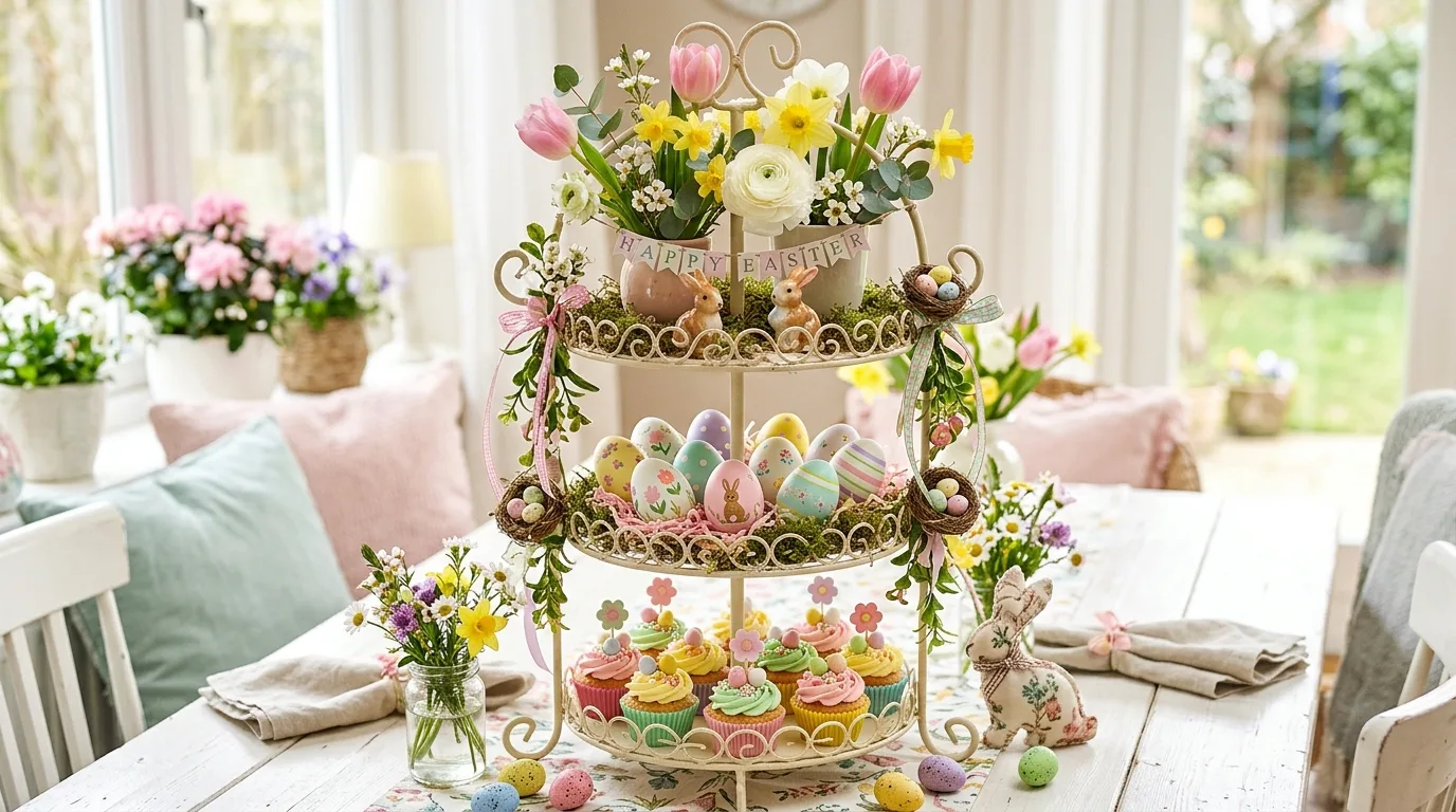 Whimsical Easter centerpiece with tiered stand, decorated eggs, mini cupcakes, and flowers
