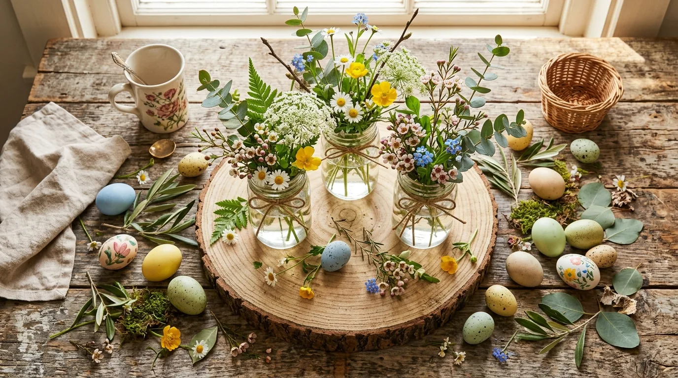 Natural wood slice Easter centerpiece with mason jars, wildflowers, eggs, and greenery