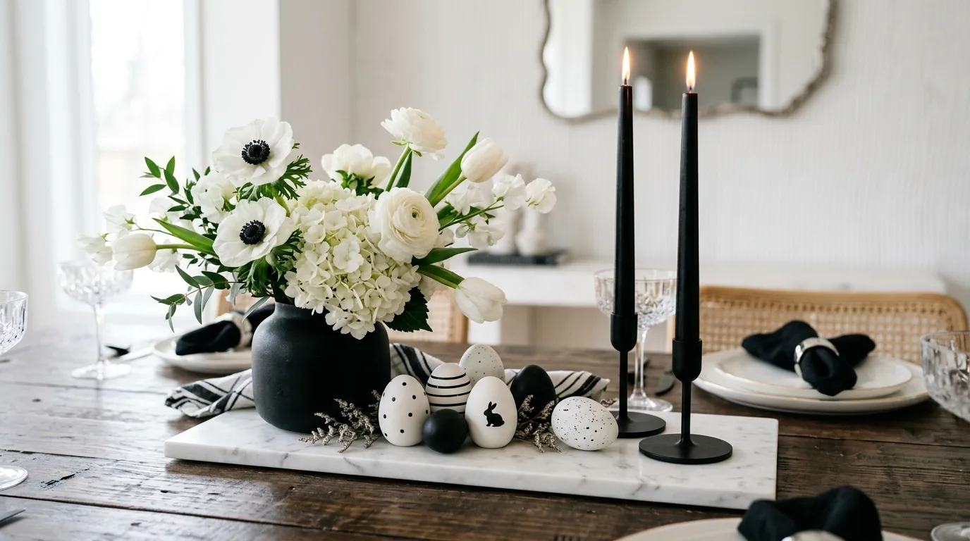 Chic monochrome Easter centerpiece with white flowers, ceramic eggs, candles, and marble tray