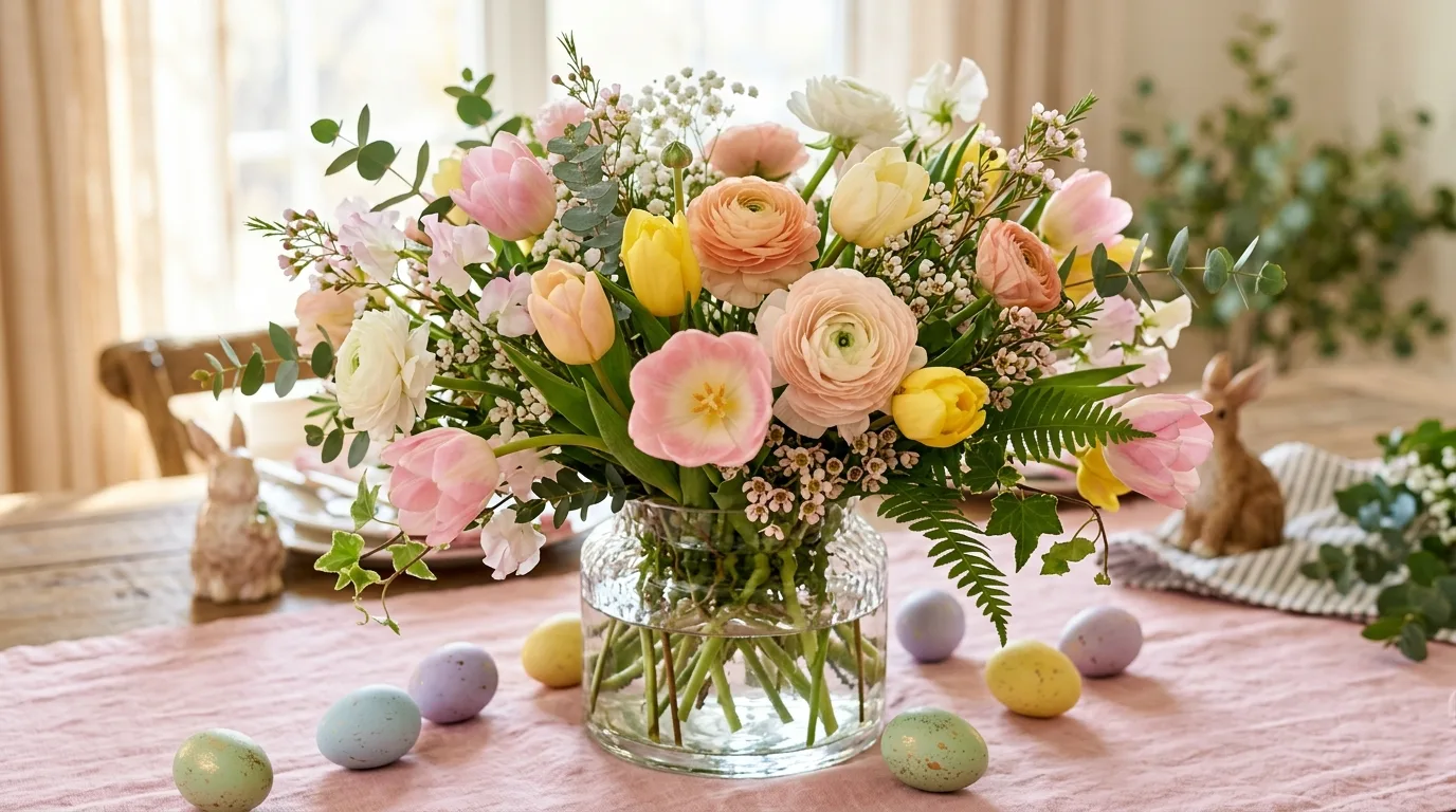 Floral heavy Easter centerpiece with tulips, ranunculus, greenery, and scattered pastel eggs