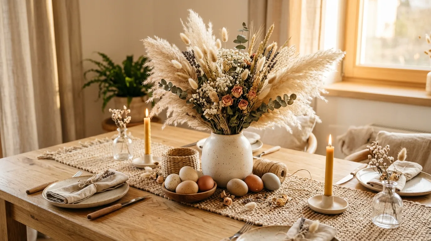 Boho style Easter centerpiece with pampas grass, dried flowers, neutral eggs, and woven runner