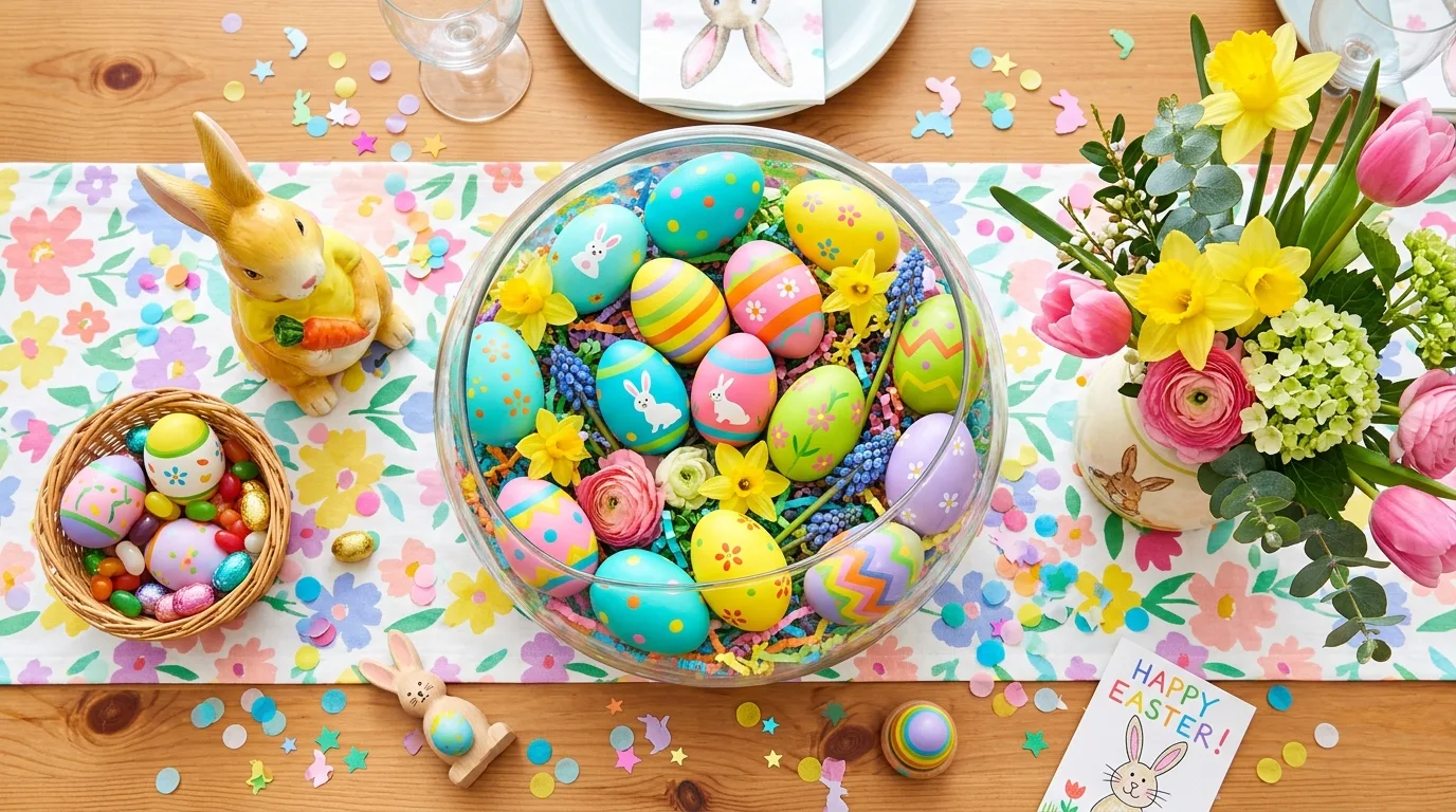 Playful kids style Easter centerpiece with colorful painted eggs, bright flowers, and pastel confetti