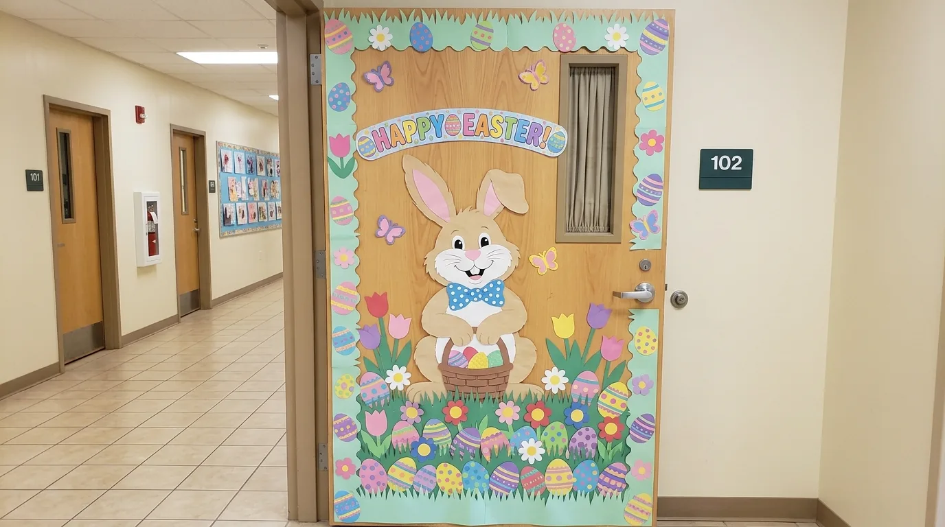 Easter classroom door with bunny cutout and colorful eggs