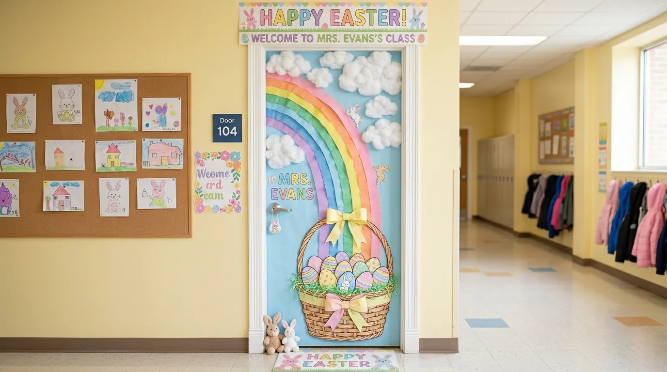 Easter classroom door with rainbow, basket of eggs, clouds, and pastel colors