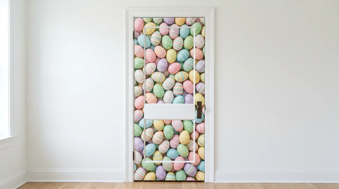Door covered in layered pastel Easter eggs with stripes and polka dots
