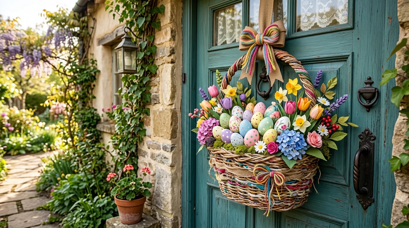 Creative classroom door with woven style paper basket filled with 3D eggs and flowers
