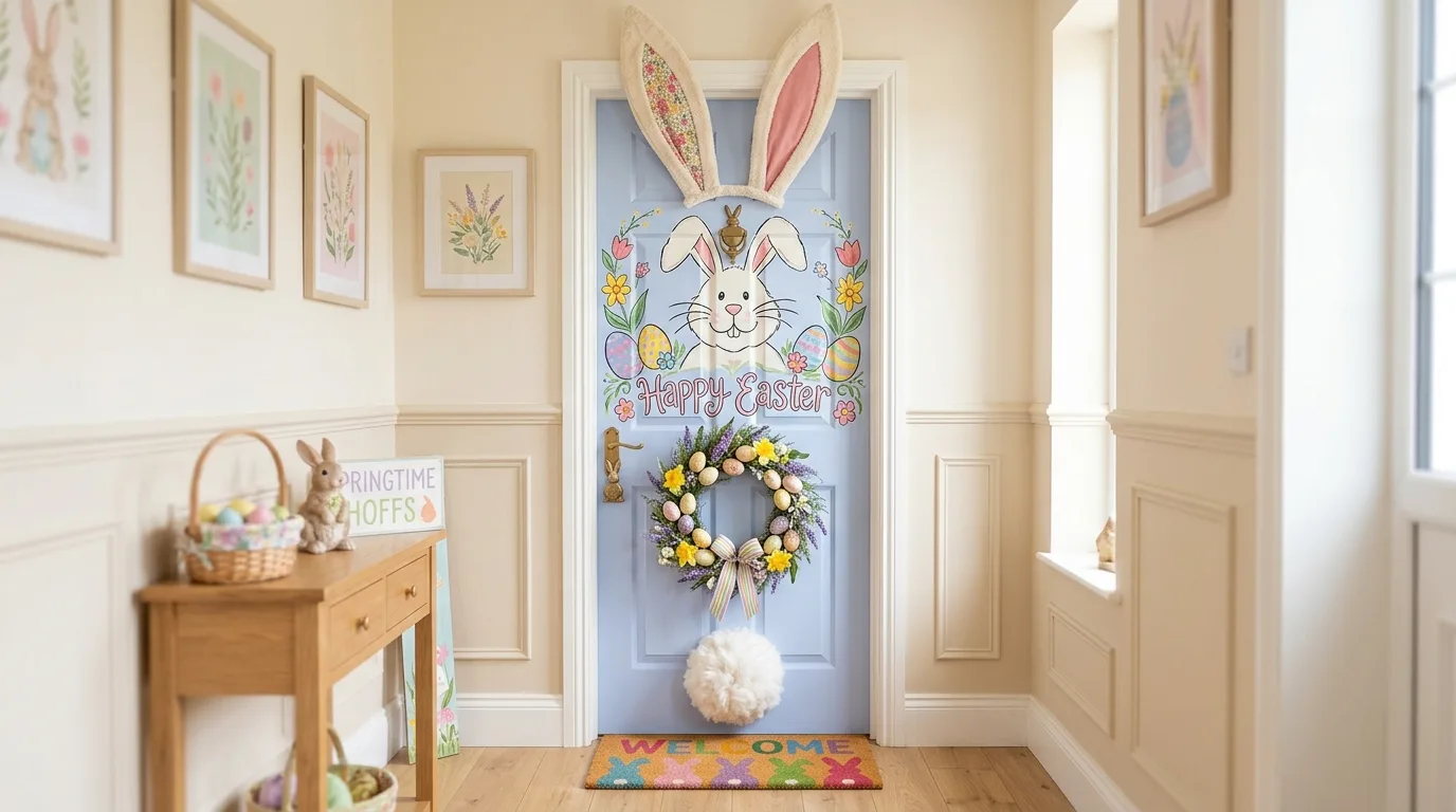 Easter bunny classroom door with large bunny ears and fluffy tail