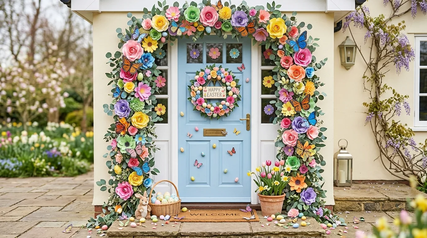 Floral Easter classroom door with blooming flowers, butterflies, and eggs