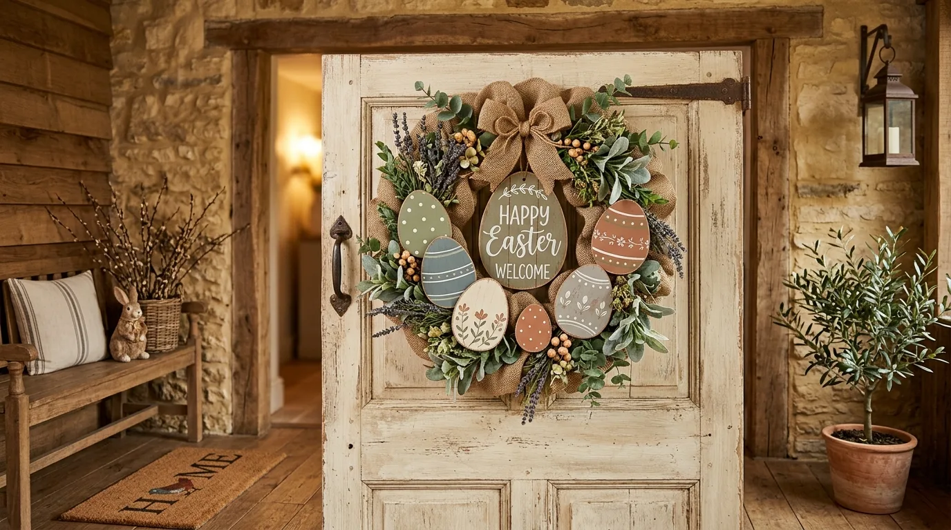 Rustic Easter classroom door with burlap texture, wood look eggs, and greenery accents