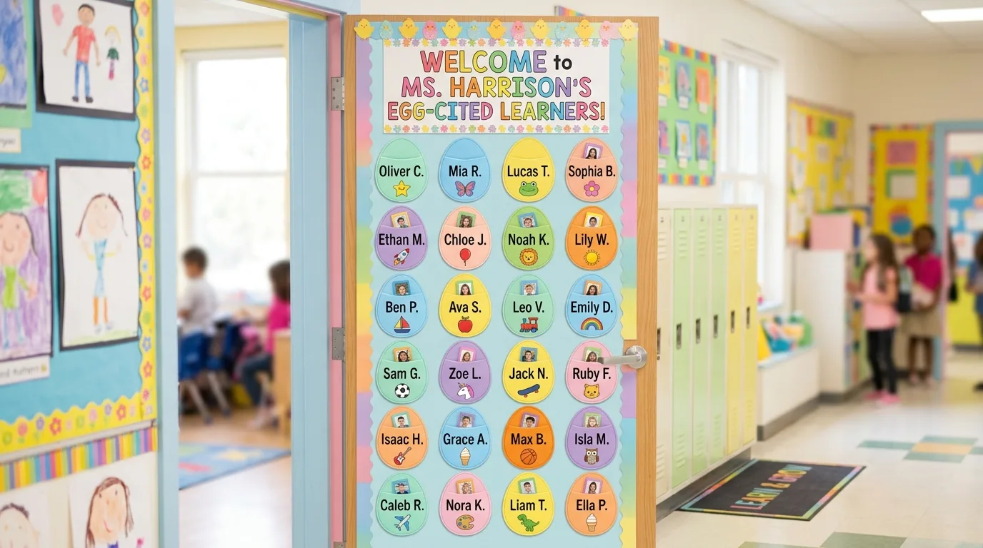 Interactive Easter classroom door with egg shaped pockets labeled for students